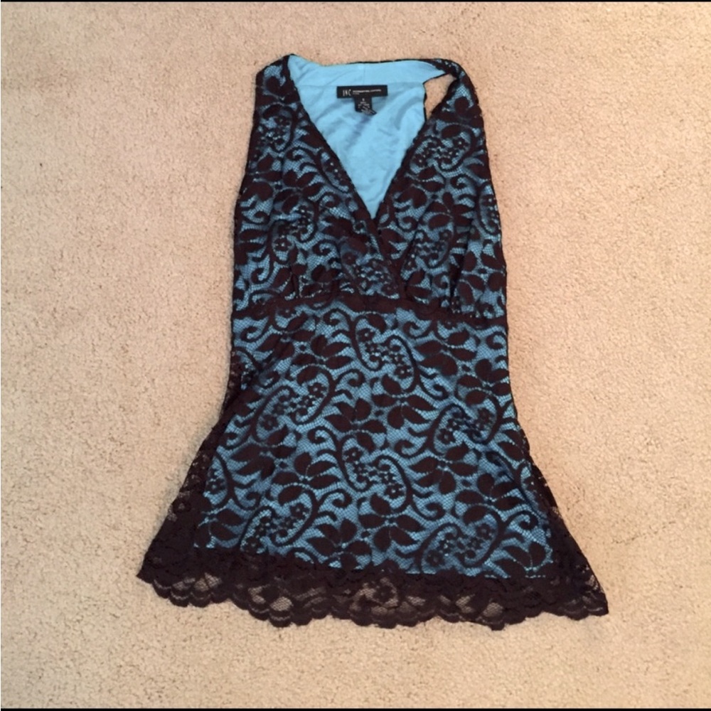 INC International Concepts Black Lace Overlay Teal Tank